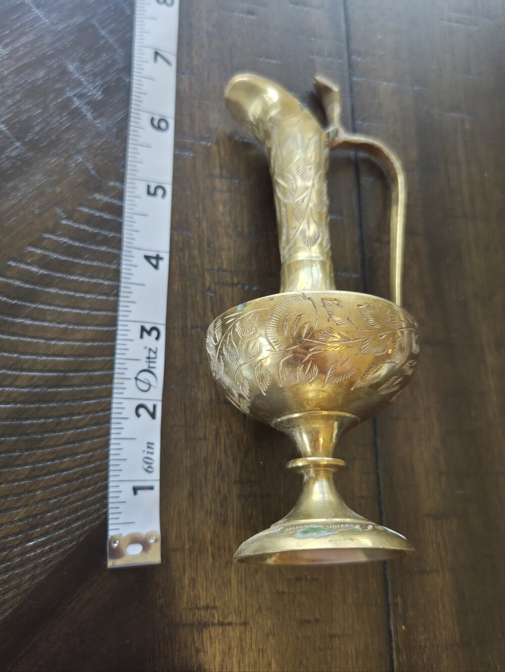 Vintage Etched Brass Pitcher India - Ornate Floral Footed Ewer Vase - Picture 11 of 12